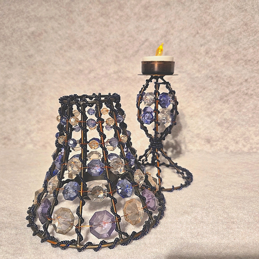 Bronze Parlor Lamp 12" Tealight Candle Holder Blue Beaded Copper Wire Wrapped - Picture 2 of 6
